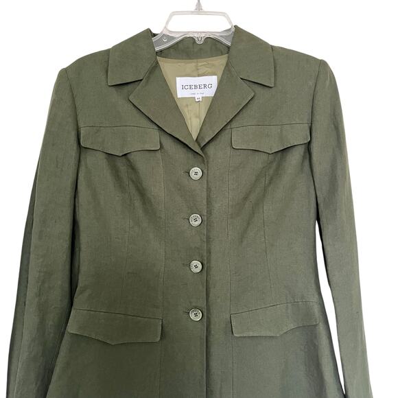 Iceberg Army Green 100% Linen Button Front Utilitarian Blazer Jacket Size IT 42 - Picture 4 of 11